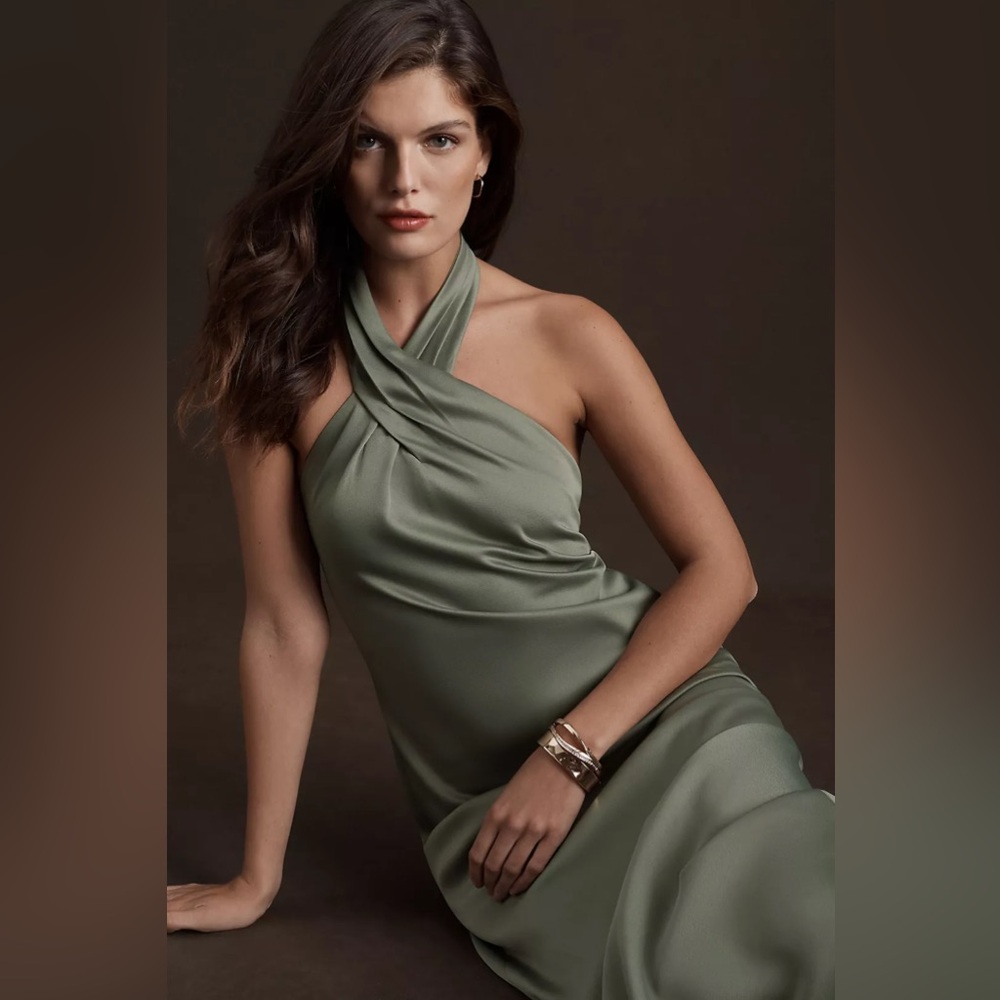 Anthropologie BHLDN Ruby Twist Halter Satin Gown in Moss, Size 8
